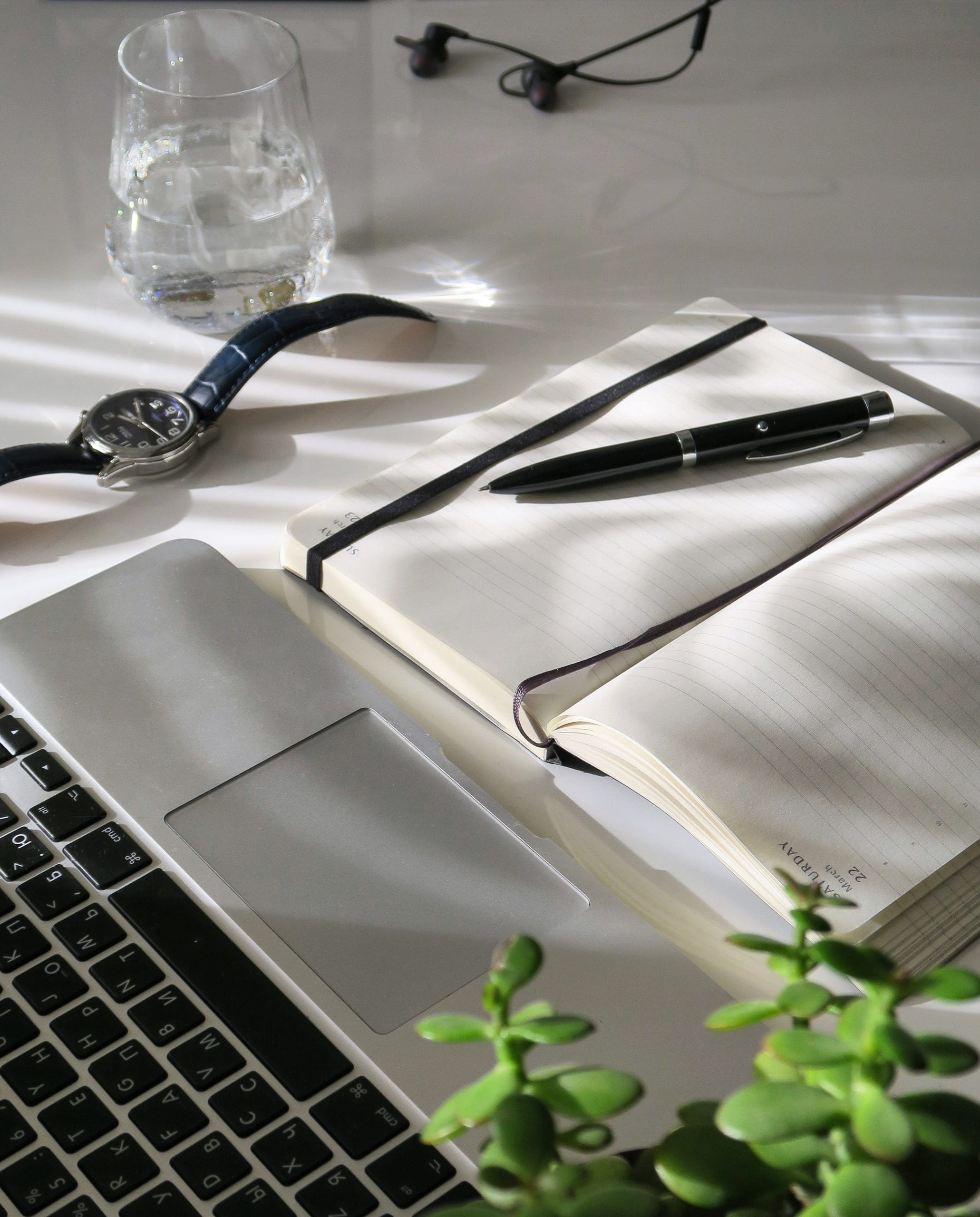 notebook, computer, and watch